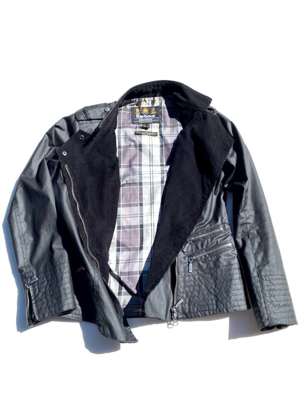 Barbour “Folco” Wax Motorcycle Jacket, US size 8, UK size 12, tartan lining.